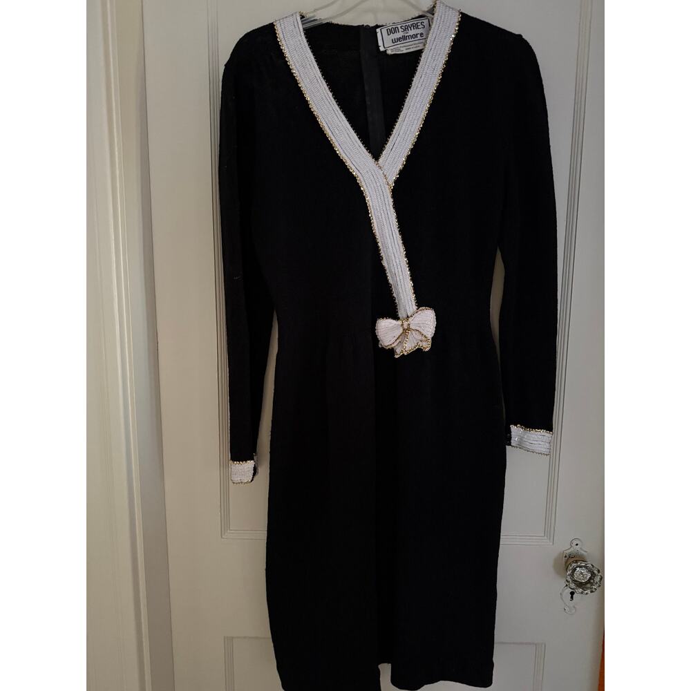 Vintage Don Sayres for Wellmore Black Knit Sequin Bow Dress Sz 12